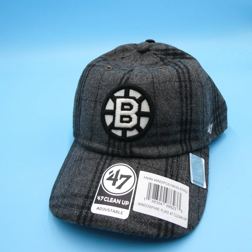 '47 Hat Mens OSFA Clean‎ Up Boston Bruins Grey Windowpane Plaid Wool Blend NHL
